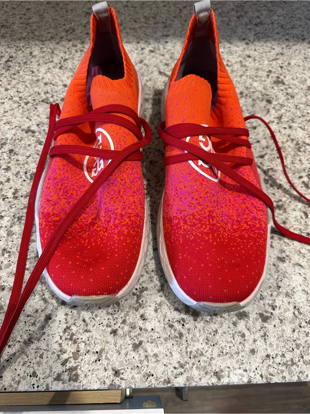 G/FORE Gradient Red-Orange Knit Athletic Slip-On Sneakers with Burgundy Laces